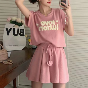 夏季新款可盐可甜套装女运动服背心T恤阔腿短裤跑步两件套女