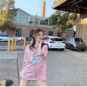 扎染 卡通女式休闲打底衫韩国女装宽松短袖T恤女上衣