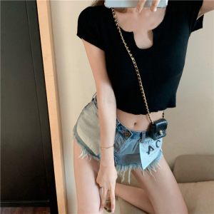 辣妹冰丝螺纹T恤女装纯欲风灰色短款修身露脐打底衫紧身短袖上衣