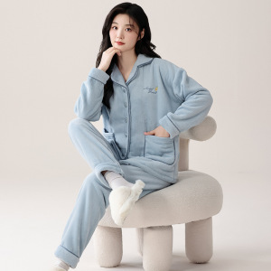 新款珊瑚绒睡衣女秋冬季加绒保暖法兰绒可外穿女士家居服套装