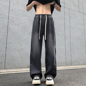 学生莱赛尔冰丝天丝牛仔裤男港风宽松直筒男牛仔裤松紧腰系带长裤