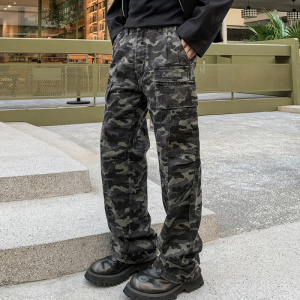 美式cleanfit微喇迷彩裤子男士显高男女款牛仔裤设计感多口袋工装