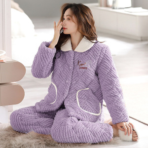 女士三层加厚珊瑚绒夹棉睡衣秋冬季法兰牛奶绒保暖棉袄家居服套装