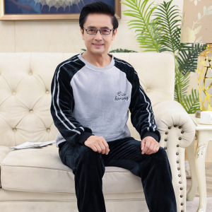 法兰绒中老年睡衣男士秋冬季加厚珊瑚绒爸爸可外穿大码家居服套装