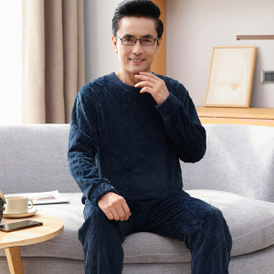 法兰绒中老年睡衣男士秋冬季加厚珊瑚绒爸爸可外穿大码家居服套装