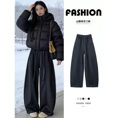 灰色加绒裤女新款秋冬季加厚灯芯绒裤子小个子慵懒阔腿裤_29_285