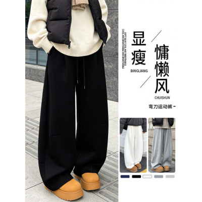 黑色加绒阔腿裤女秋冬季新款大码休闲宽松小个子运动卫裤_418_747