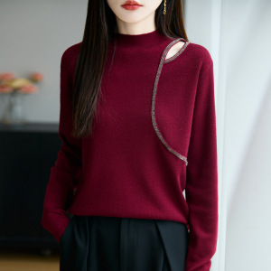 性感烫钻羊毛针织打底衫毛衣女秋季新款拼接修身气质百搭针织衫