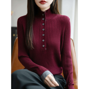秋冬新款坑条毛衫法式撞色假两件针织打底衫女半开领套头长袖毛衣