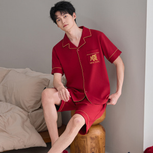 紧密纯棉情侣红色睡衣开衫夏季短袖全棉短裤家居服套装本命年新款