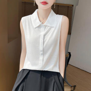 夏季新款polo翻领无袖T恤女精仿针织内搭打底衫上衣纯色背心
