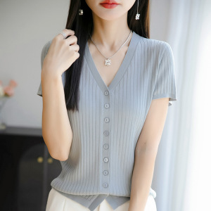 夏季新款V领镂空针织开衫女纯色竖条纹百搭短袖时尚简约外穿上衣