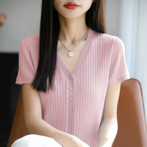 夏季新款V领镂空针织开衫女纯色竖条纹百搭短袖时尚简约外穿上衣