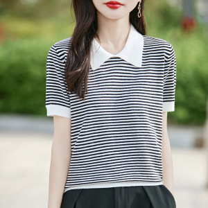 条纹娃娃领短袖女25夏季新款安迪绒针织衫薄款T恤小个子显廋上衣