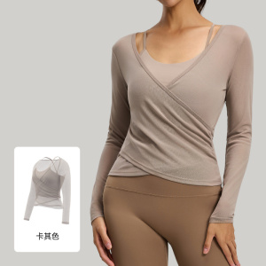 网纱长袖吊带两件套带胸垫瑜伽服透气显瘦罩衫运动上衣女