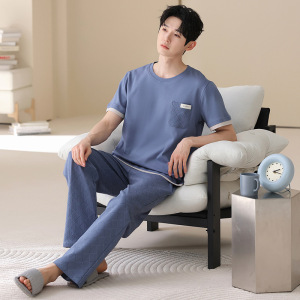 100%纯棉青少年睡衣男士夏季短袖长裤休闲可外穿全棉家居服男套装