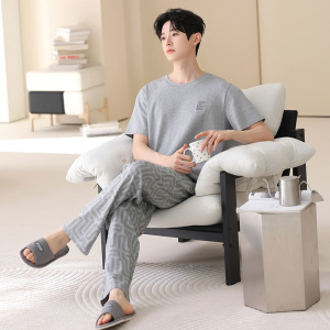 100%纯棉青少年睡衣男士夏季短袖长裤休闲可外穿全棉家居服男套装