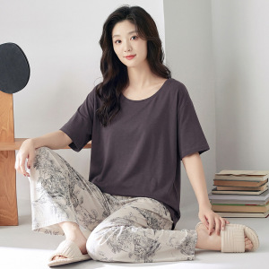 带胸垫睡衣女夏季新款短袖长裤圆领棉质甜美简约少女可外穿家居服