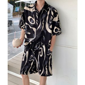 套装男新款美式潮牌休闲运动套装男翻领短袖宽松衬衣夏威夷两件套