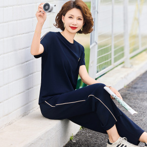 2026年中老年妈妈装洋气薄款短袖套装时尚简约修身两件套夏季女装