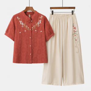 2026年女装大码休闲妈妈装套装40-60岁刺绣中老年女装宽松衣服夏