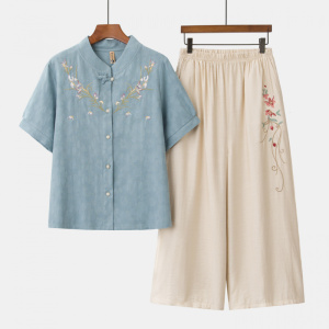 2026年女装大码休闲妈妈装套装40-60岁刺绣中老年女装宽松衣服夏