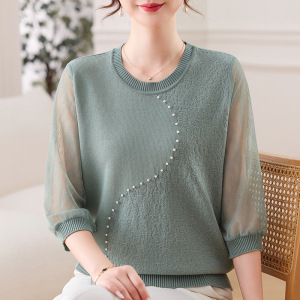 2026纱袖妈妈装上衣女洋气中老年女装新款夏季薄款T恤针织小衫女