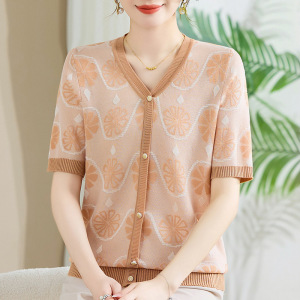 夏季短袖妈妈装小衫时尚薄款针织衫V领女士休闲上衣清凉中年装衣