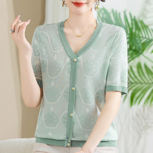 夏季短袖妈妈装小衫时尚薄款针织衫V领女士休闲上衣清凉中年装衣
