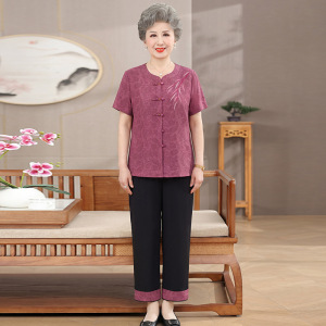 奶奶装短袖新款老年女装40-60岁大码宽松两件套老人家衣服衣服女