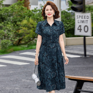 妈妈装夏季短袖连衣裙时尚气质婆婆装过膝衬衣款长裙子夏装衣服女