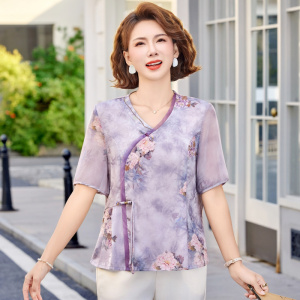 新中式妈妈装轻薄款女装小衫国风中老年女装上衣夏季短袖50岁印花