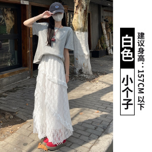 法式白色不规则蕾丝半身裙女春夏小个子高腰a字蛋糕裙中长款裙子