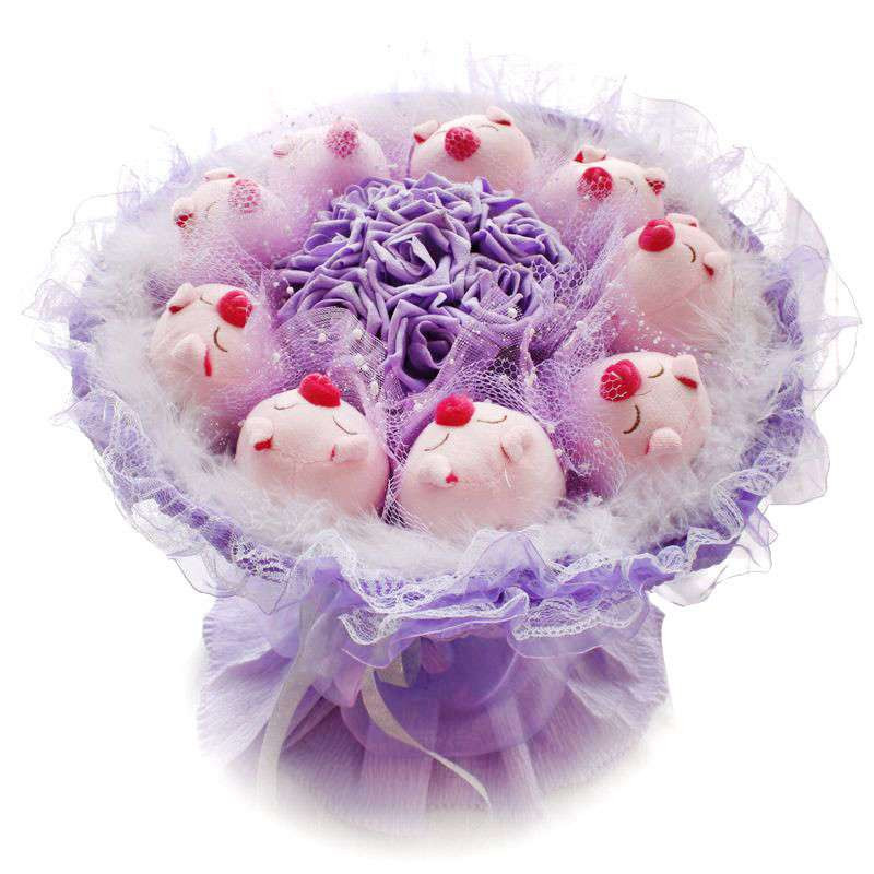 蓝色9只猪猪9朵玫瑰花卡通花束 娃娃花公仔花 新年情人节创意礼品生日