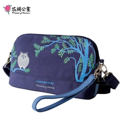 花间公主猫头鹰2021春季萌动原创设计印花文艺斜挎手拿单肩帆布贝壳包深蓝色