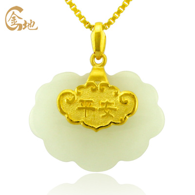 金地珠宝金镶玉吊坠和田玉镶金平安款吊坠足金镶嵌和田玉项链男女款挂坠