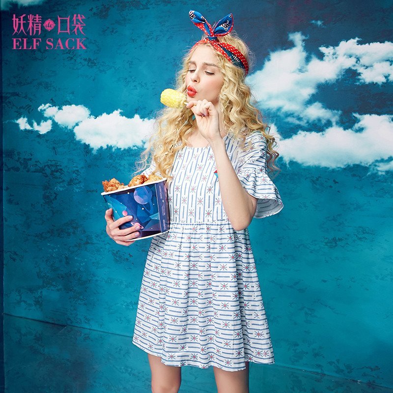 妖精的口袋 小飞侠日记 夏装荷叶边短袖印花棉麻连衣裙 pb1627096