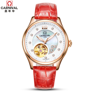 瑞士嘉年华CARNIVAL手表全自动机械表 女表镂空休闲时尚潮流夜光防水镶钻真皮女士表贝母幻彩表盘女神腕表N-0682