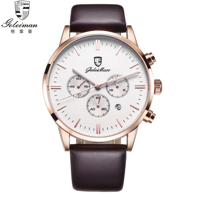 正品格雷曼geleiman手表石英表男表真皮商务休闲男士手表时尚潮流韩版学生多功能计时防水腕表8624G玫壳白色