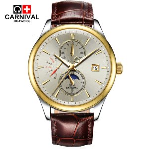 瑞士嘉年华CARNIVAL手表全自动机械表 男新款商务防水手表男士夜光男表星辰日历金色男表时尚休闲金属精钢腕表8732
