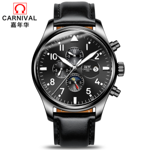 瑞士嘉年华Carnival手表男士全自动机械表 男多功能男表休闲时尚防水夜光真皮革带学生潮流腕表哑光喷砂格调8764-1
