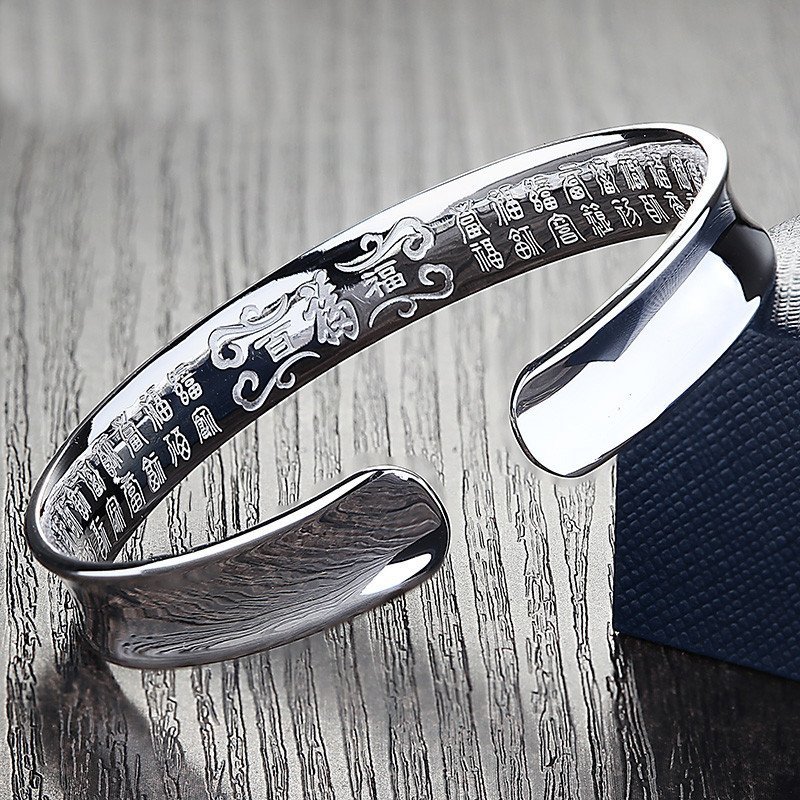 老冯记 凹面光面百福手镯 999千足银手镯 开口手镯