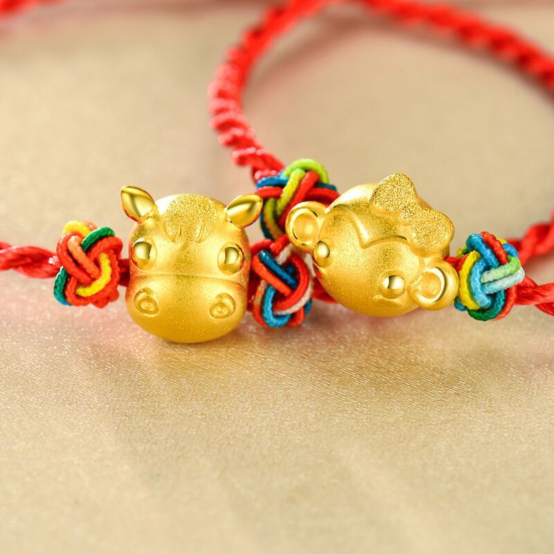 珂兰黄金 鸡年黄金足金转运珠 时尚3d硬金手链手绳 十二生肖 男女同款