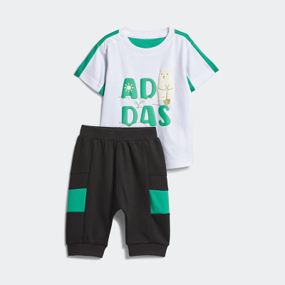 adidas 童装 字母印花圆领短袖T恤松紧腰七分裤婴幼儿套装 婴童 白色+黑色 IA8223