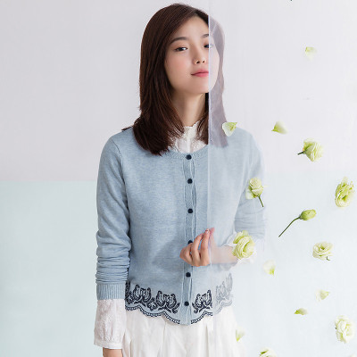 茵曼女装春秋装新款文艺撞色绣花短款长袖开衫毛衣女