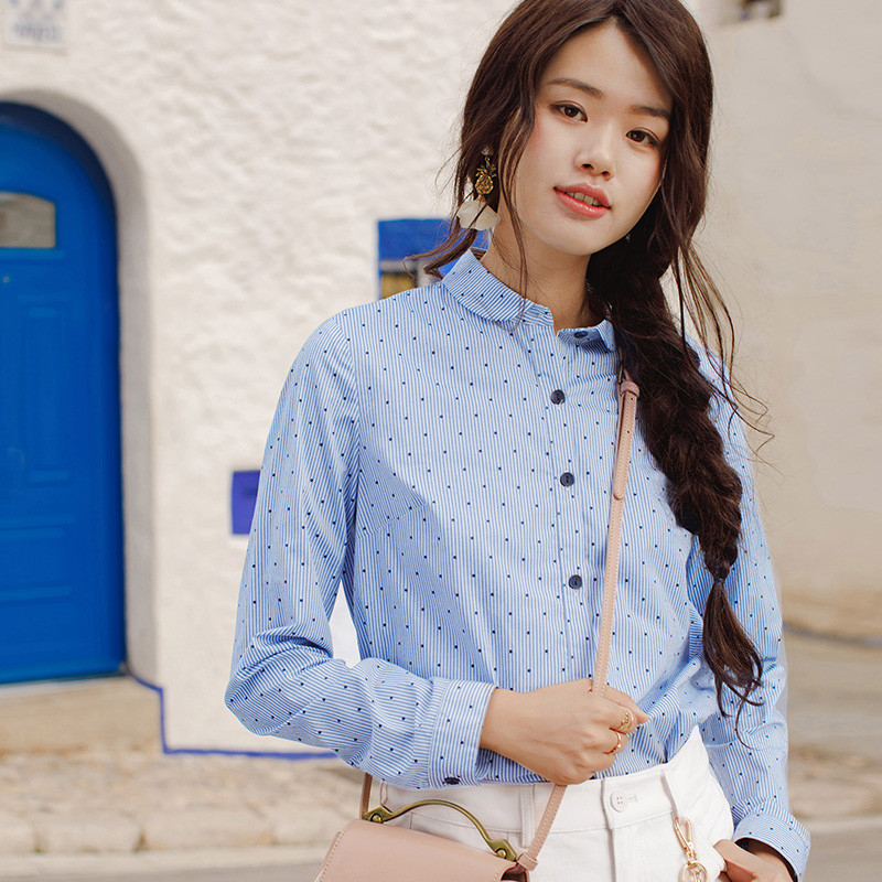 茵曼女装春秋装新款圆角翻领小波点文艺显瘦衬衫女