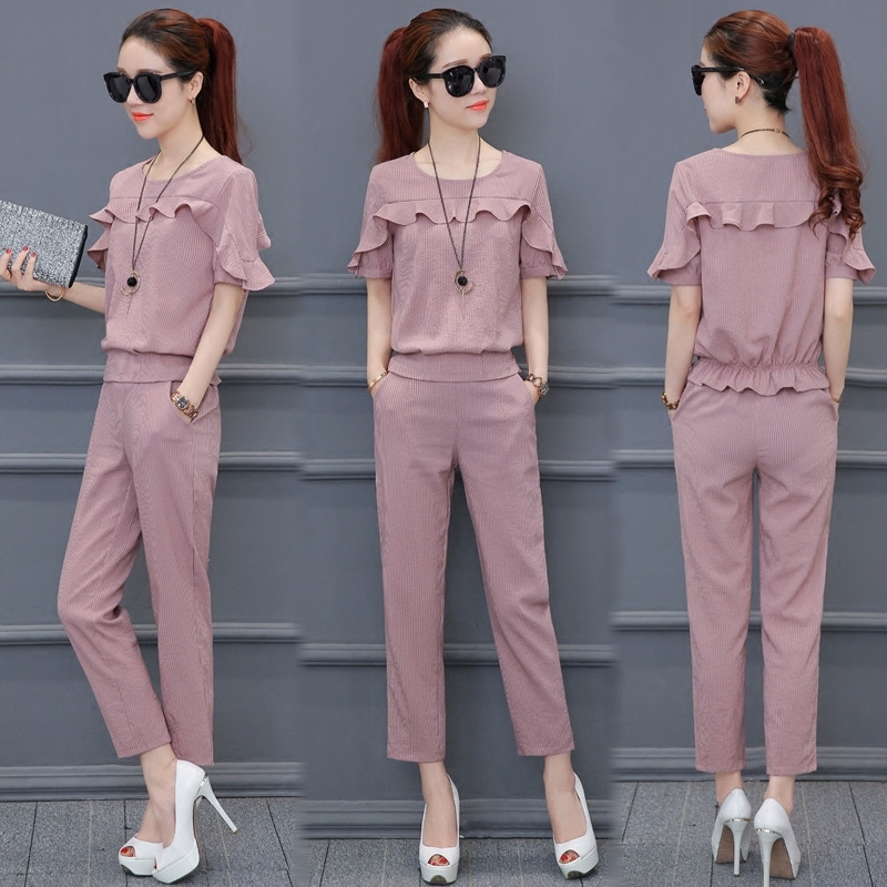 佐露丝2017新款夏装女装休闲气质夏季两件套时尚洋气套装女神短袖韩版