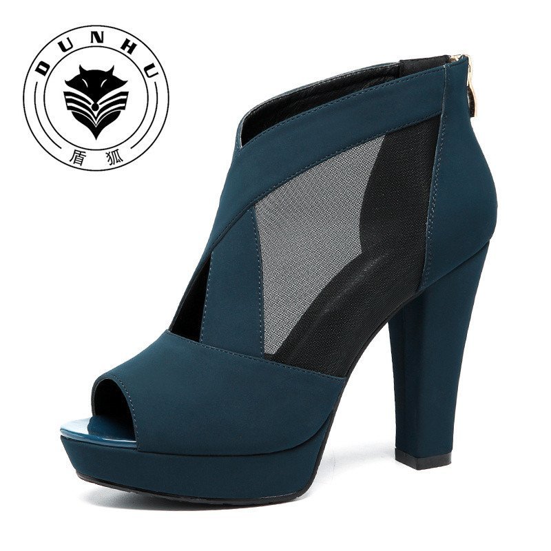 盾狐网纱鱼嘴单鞋女高跟防水台ol优雅时尚女鞋凉鞋粗跟2016春新款628