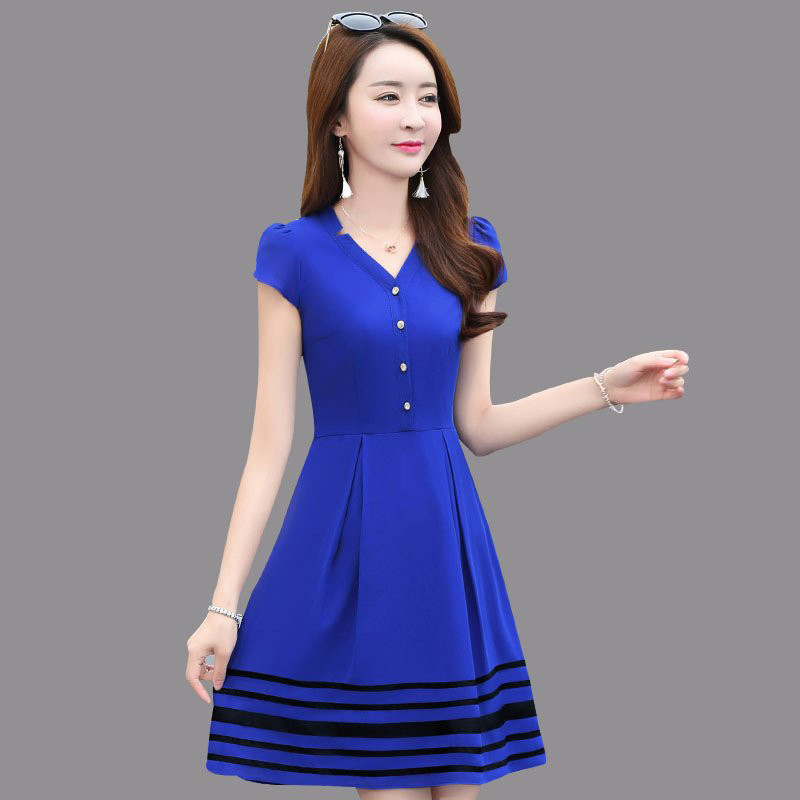 雪纺连衣裙女夏2017新款韩版显瘦短袖v领气质a字裙子女夏季中长裙