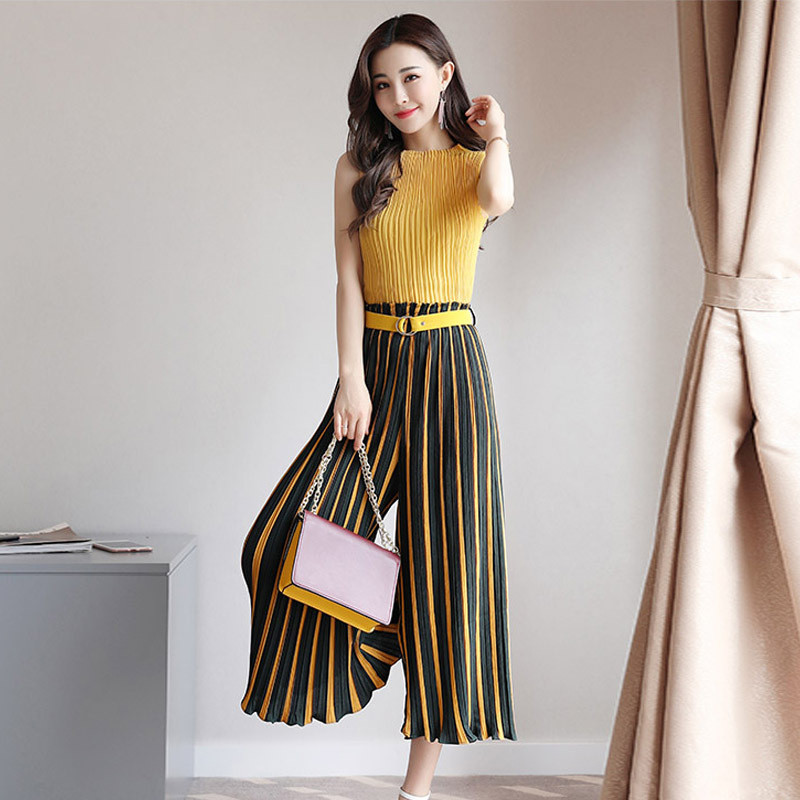 2017夏装新款女装坊欧洲站条纹九分阔腿裤套装裤裙韩版时尚两件套